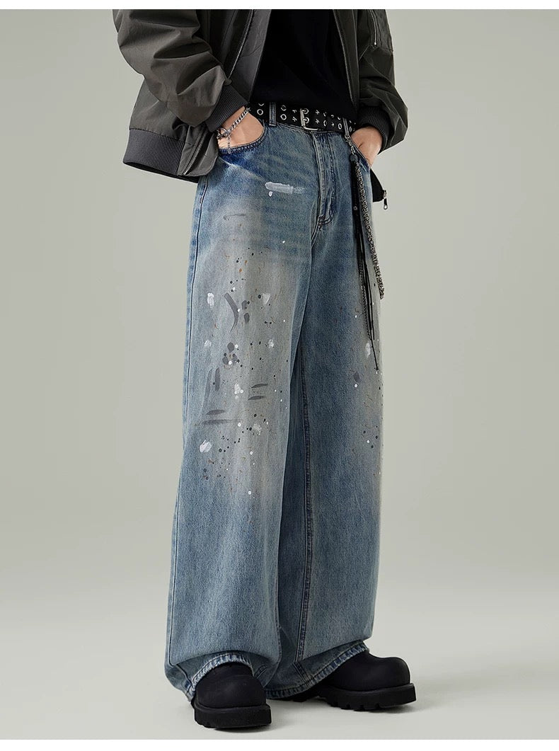 Men’s Paint-Splatter Washed Jeans – Vintage American Street Art Denim Pants FE0056