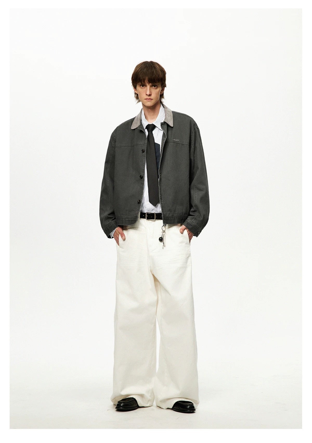 Men’s Color-Block Workwear Jacket – American Retro Contrast Collar Utility Outerwear FE0005