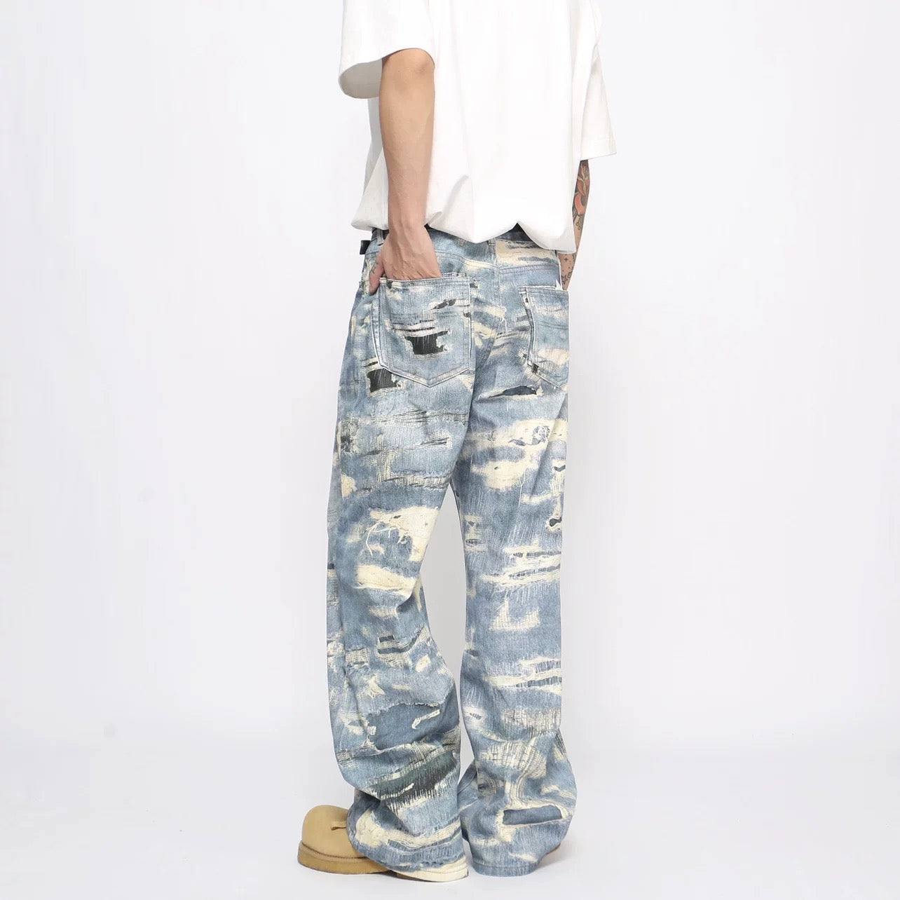 Men’s Distressed Printed Jeans – Vintage Washed Ripped Denim Pants FE0029