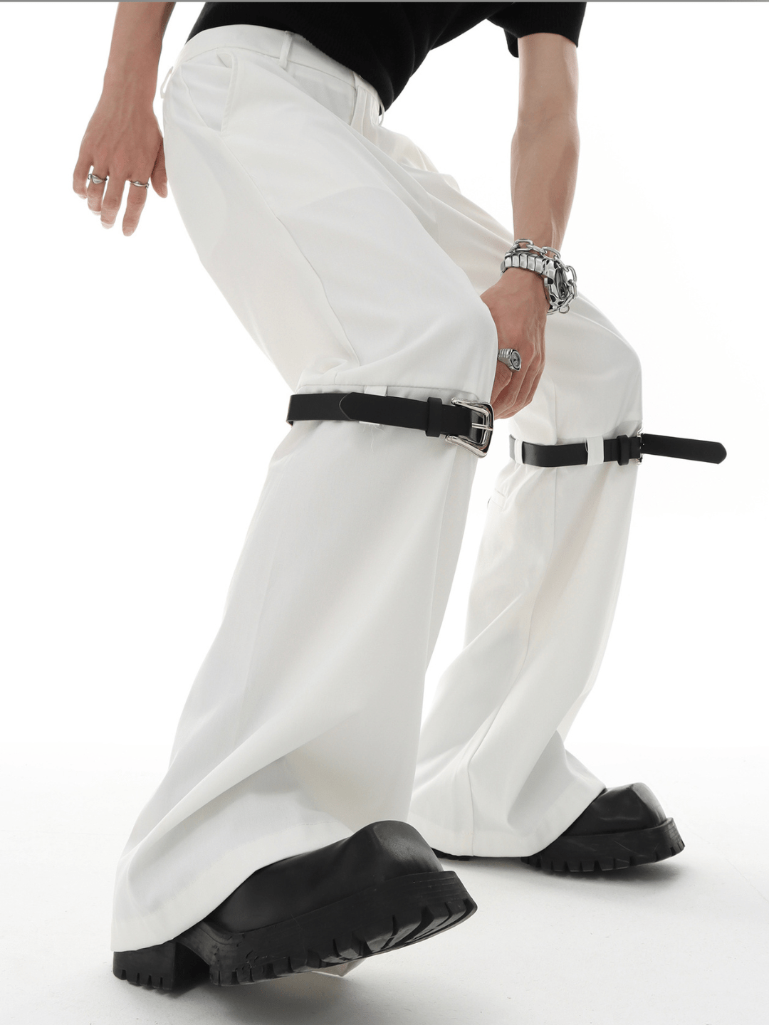 metal button multi drape straight pants FE0415