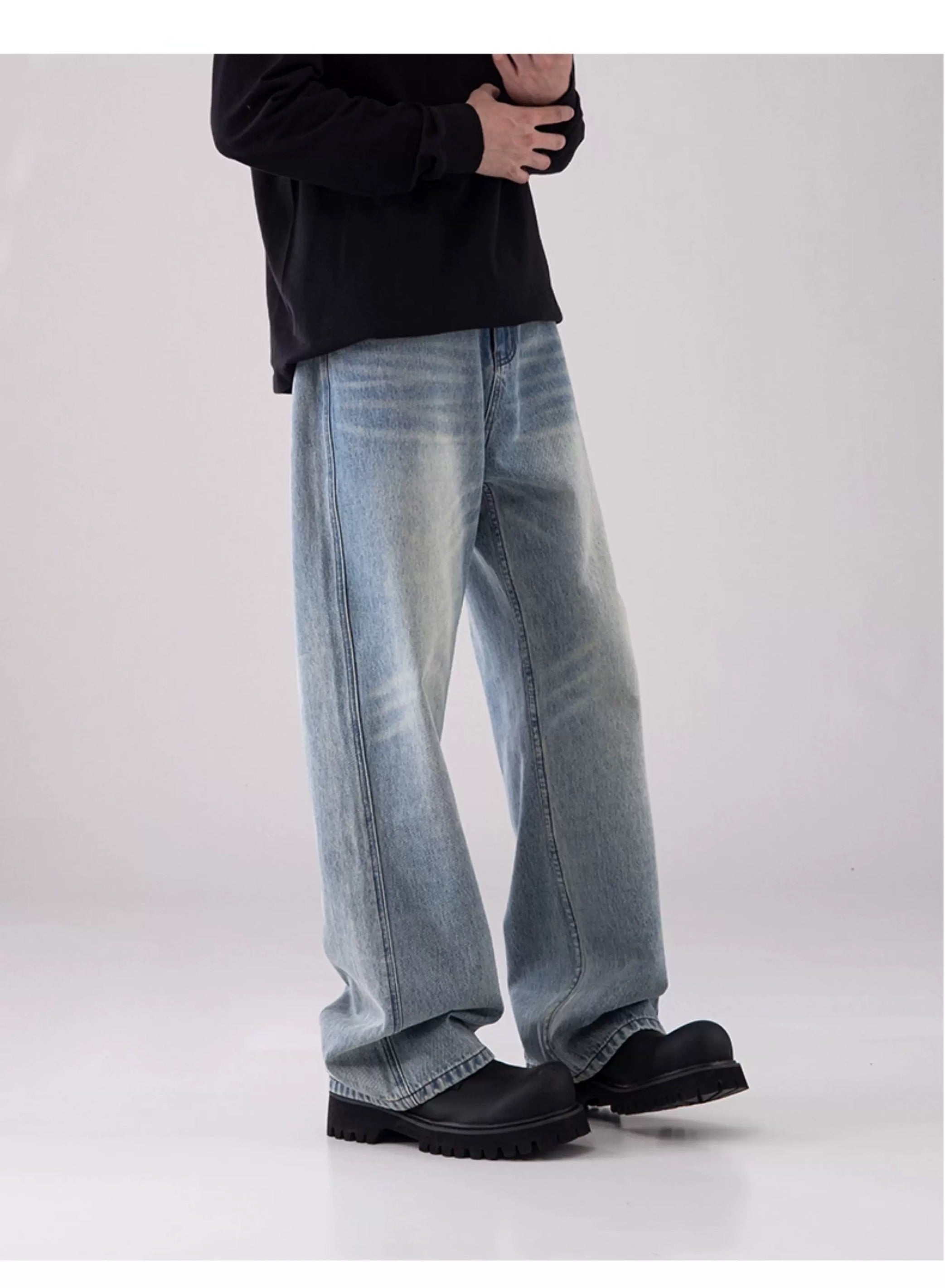 Men’s Vintage Washed Wide-Leg Jeans – American Retro Streetwear Denim FE0037