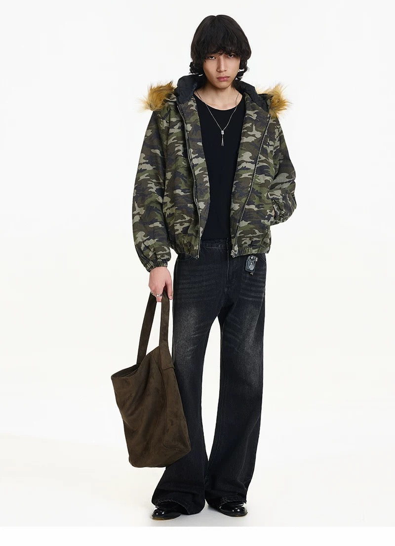 Men’s Vintage Camo Fur Hooded Puffer Jacket – American Retro Winter Street Coat FE0308