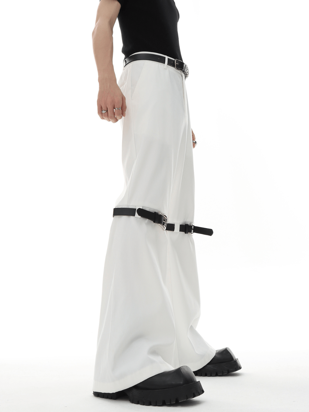 metal button multi drape straight pants FE0415