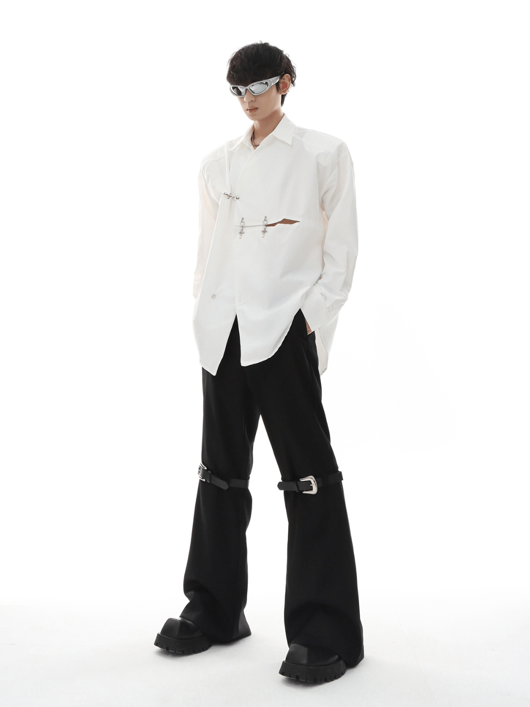 metal button multi drape straight pants FE0415