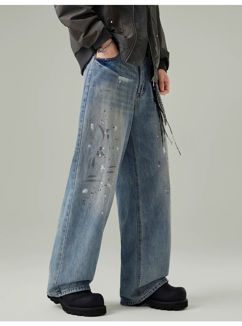Men’s Paint-Splatter Washed Jeans – Vintage American Street Art Denim Pants FE0056