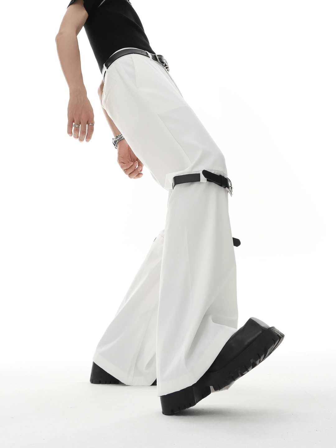 metal button multi drape straight pants FE0415
