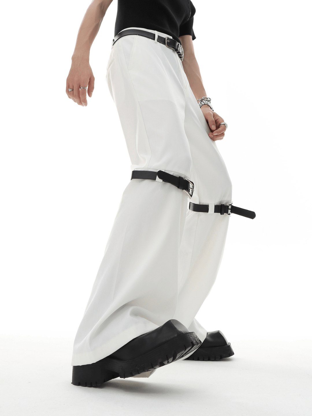 metal button multi drape straight pants FE0415