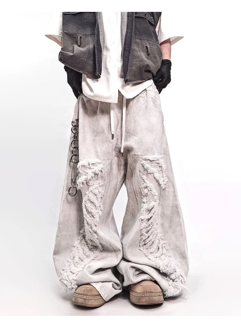 Men’s Vintage Distressed Washed White Denim Jeans FE0283