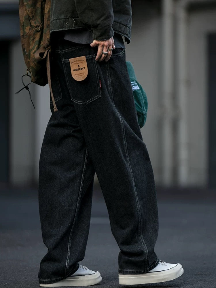 Japanese Streetwear Drawstring Ties Contrast Stitching Denim Pants Men's Loose Straight Leg Washed Versatile Baggy Haramaki Joggers FE0009