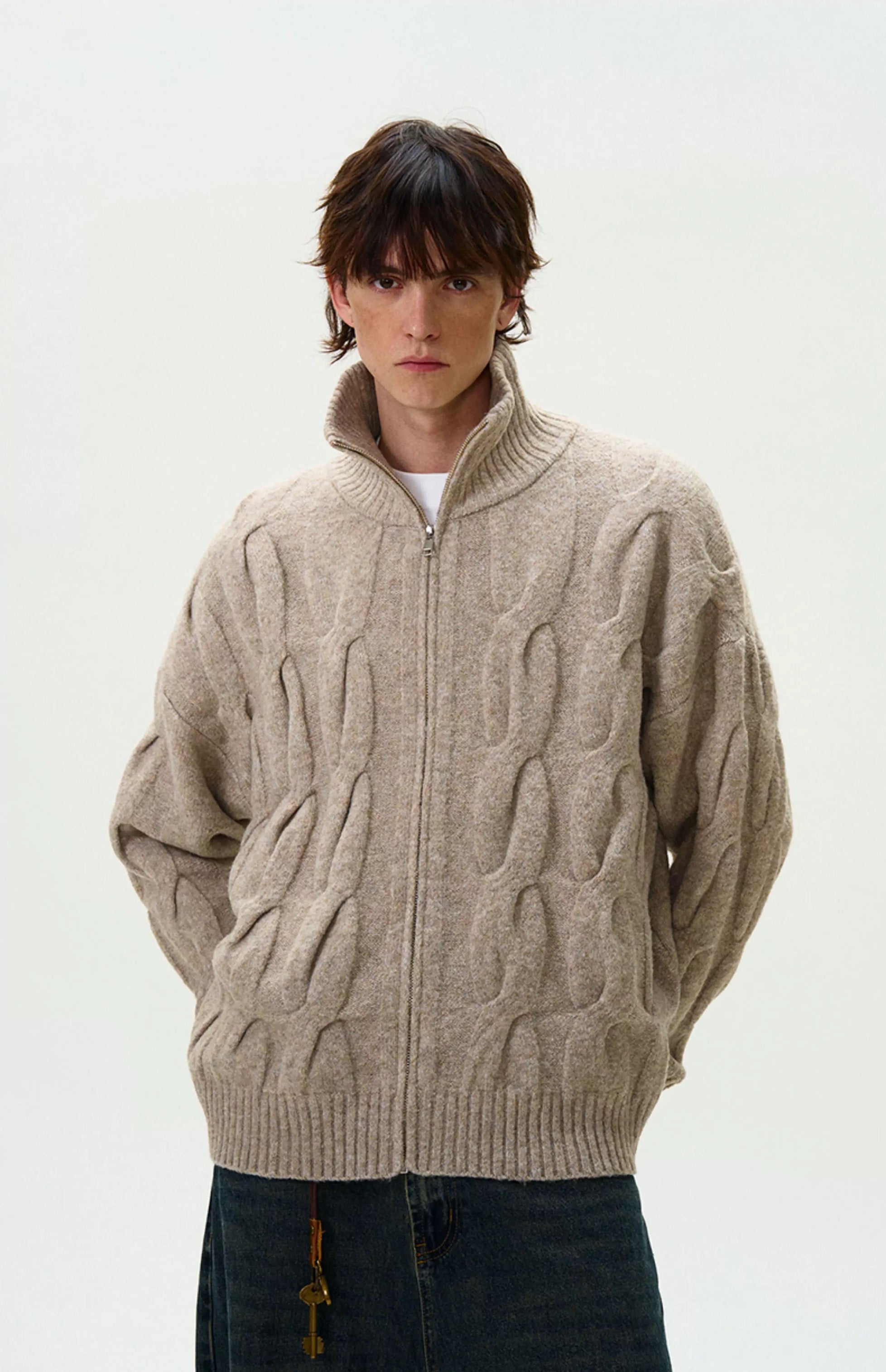 Vintage Cable Knit Turtleneck Sweater – American Retro Textured Pullover for Men FE0063