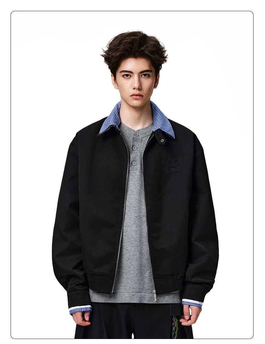 Men’s Vintage Plaid Patchwork Collar Jacket – Retro Short Street Outerwear FE0007