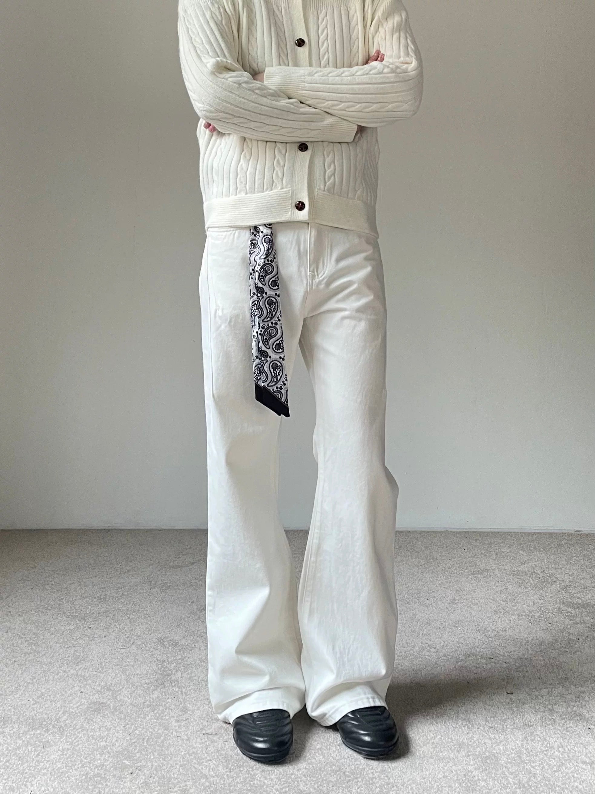 Men’s Vintage Scarf Detail Flare Jeans – American High Street Denim Pants FE0032