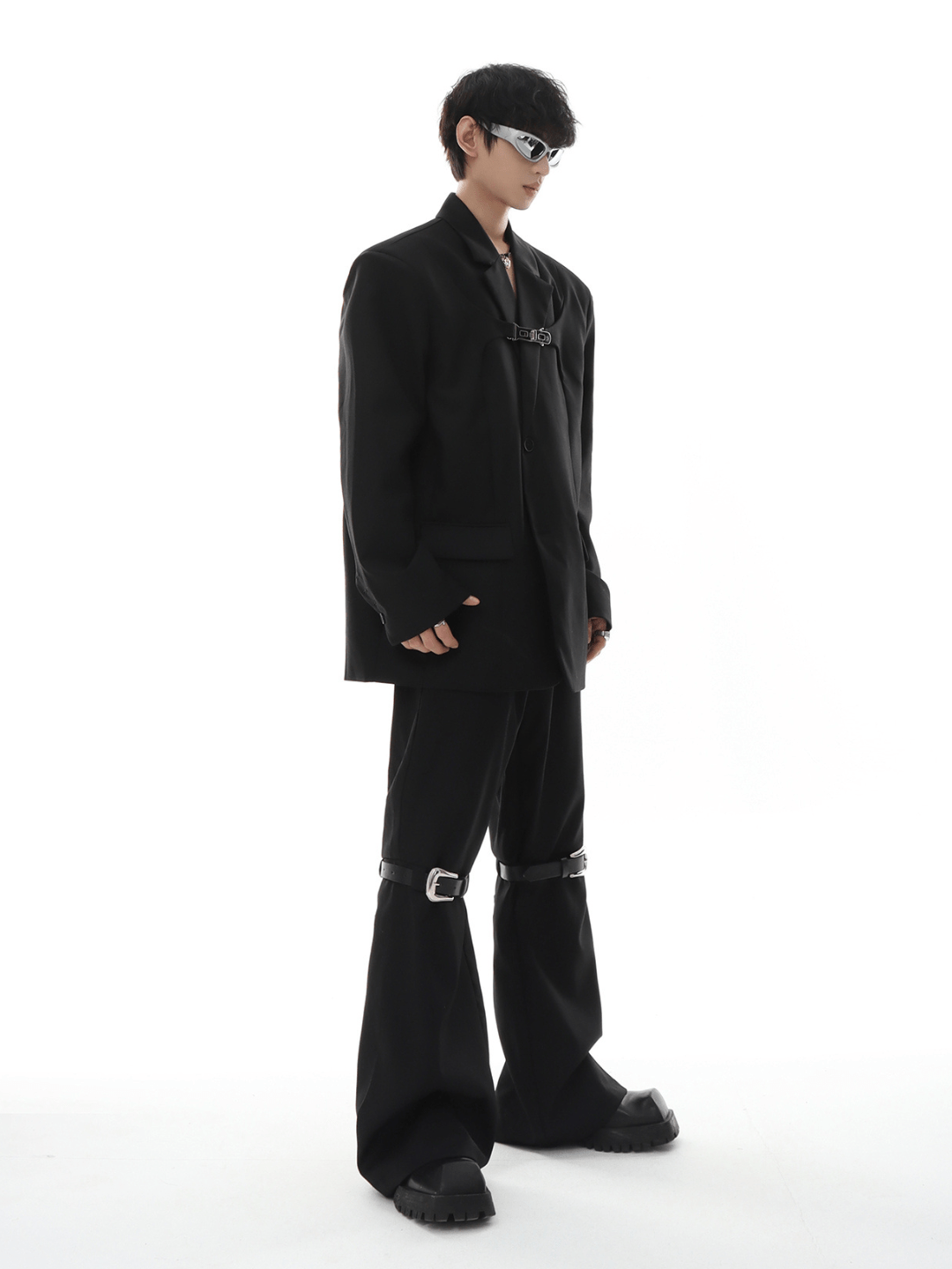 metal button multi drape straight pants FE0415