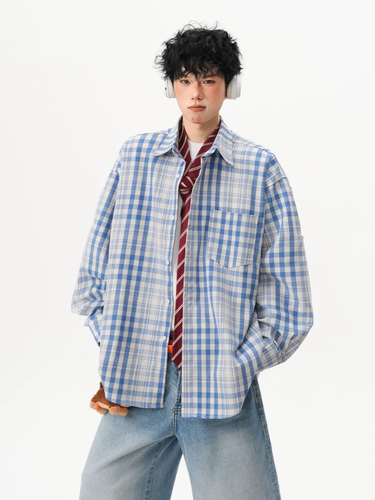Men’s Vintage Blue Plaid Shirt – American Retro Street Casual Overshirt FE0316