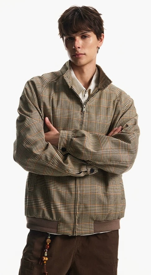 Men’s Houndstooth Harrington Jacket – American Retro Preppy Street Outerwear FE0030