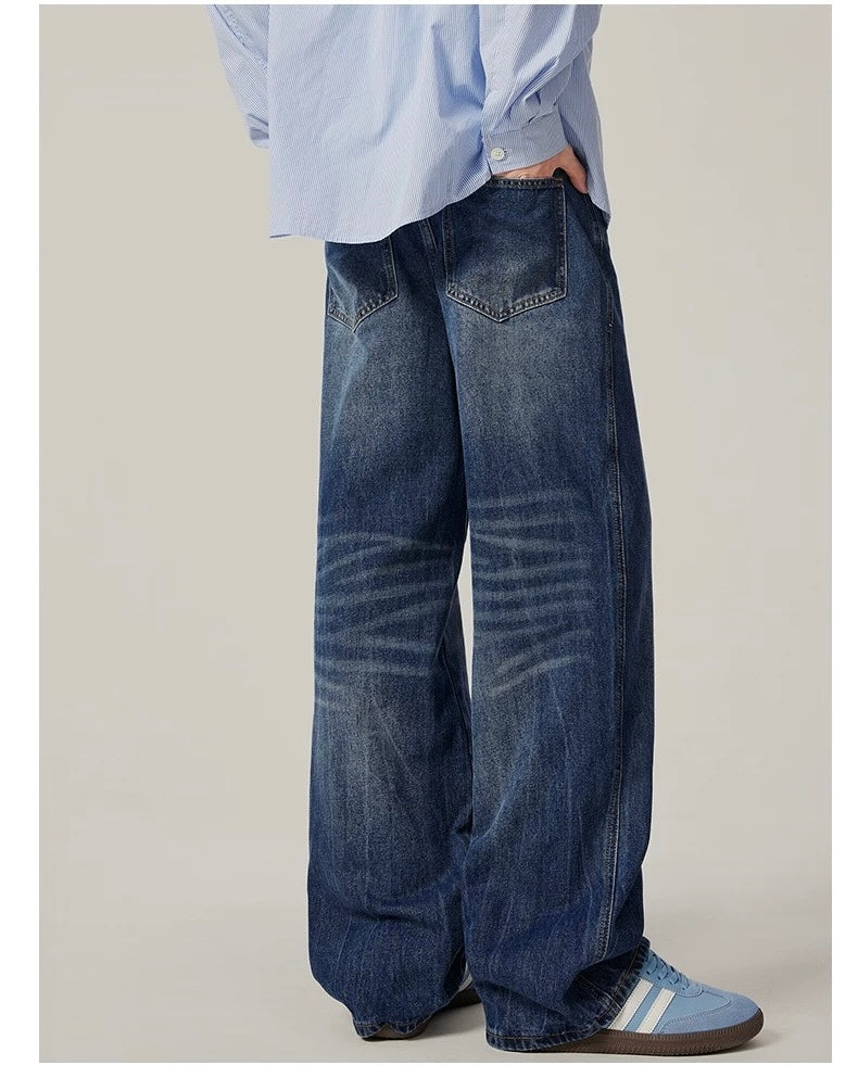 Men’s Vintage Washed Wide-Leg Jeans – American Retro Streetwear Denim FE0037