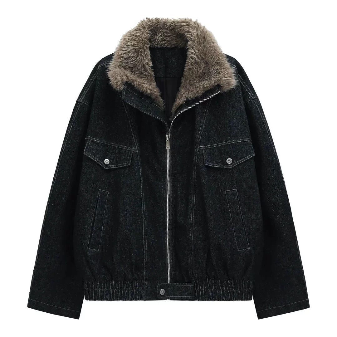 Men’s Fleece-Lined Denim Jacket – American Vintage Winter Street Outerwear FE0044