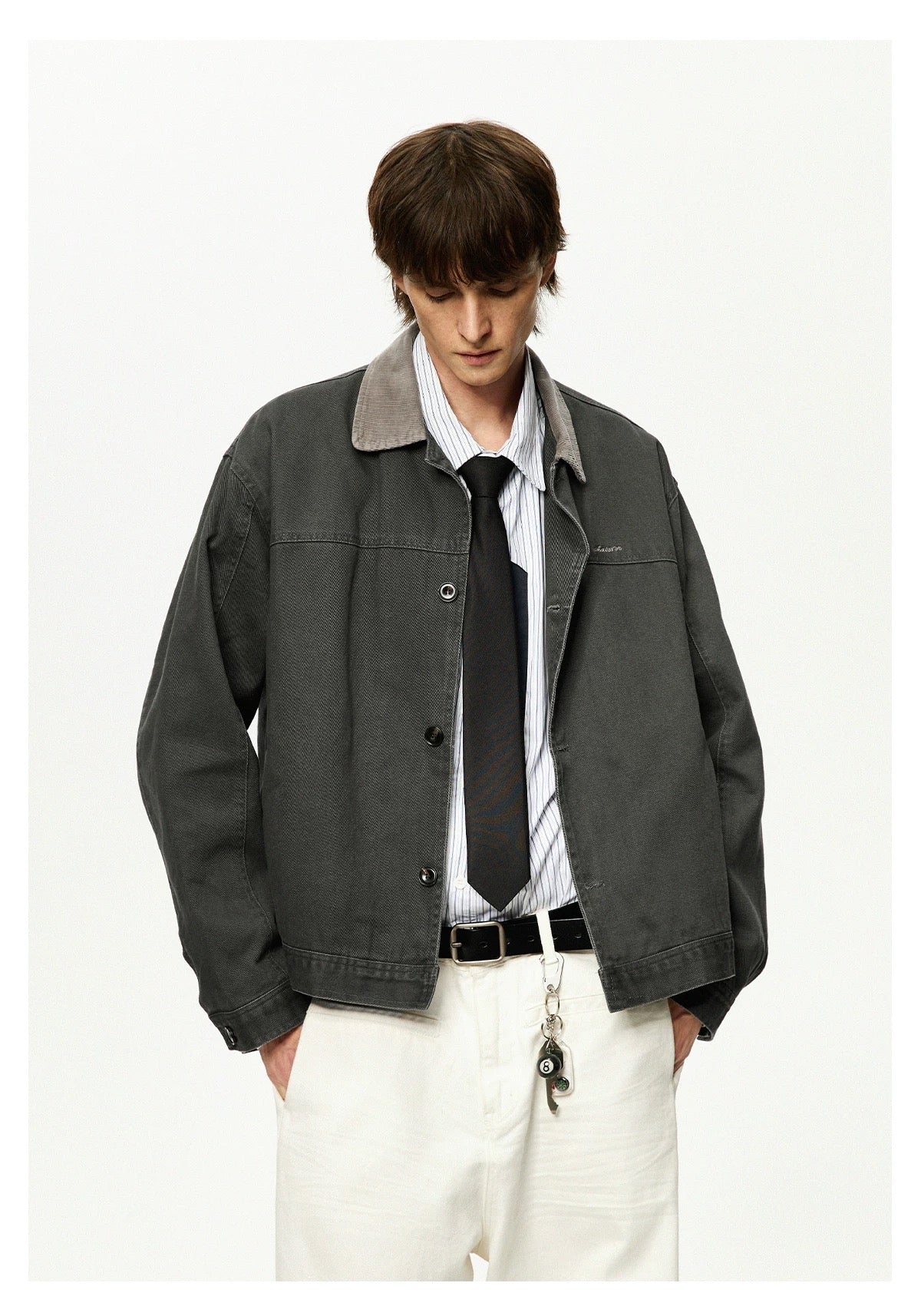 Men’s Color-Block Workwear Jacket – American Retro Contrast Collar Utility Outerwear FE0005