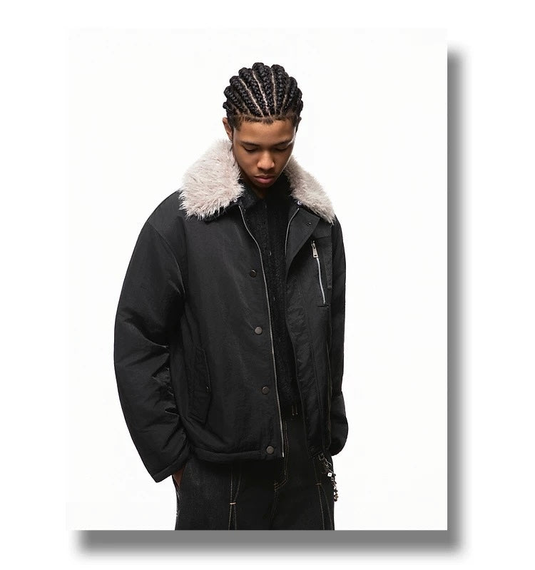 Men’s Detachable Fur Collar Padded Jacket – American Retro Winter Street Outerwear FE0040