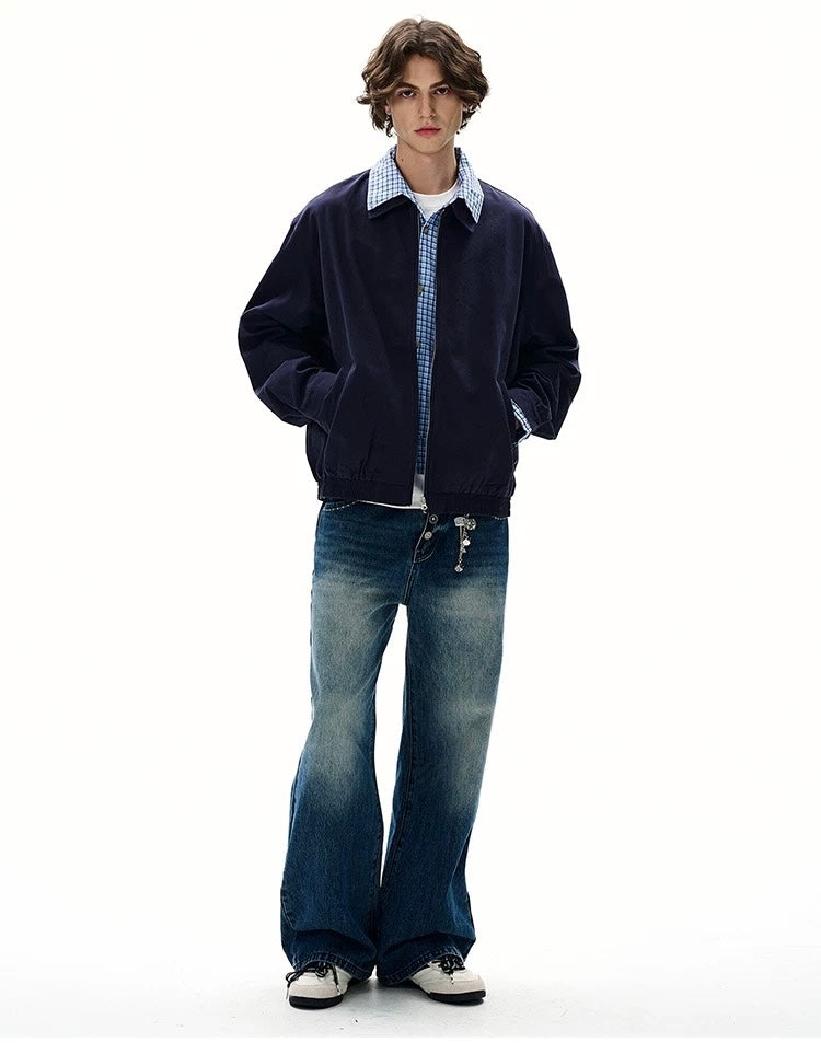 Men’s Vintage Plaid Patchwork Layered Jacket – American Retro Fake Two-Piece Streetwear Coat FE0055