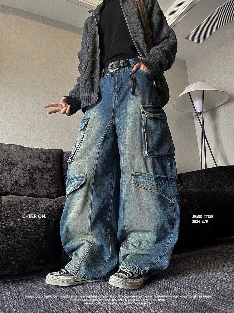 Washed High-Street Cargo Jeans - Heavy-Duty Patchwork Straight-Leg Unisex Pants FE0002