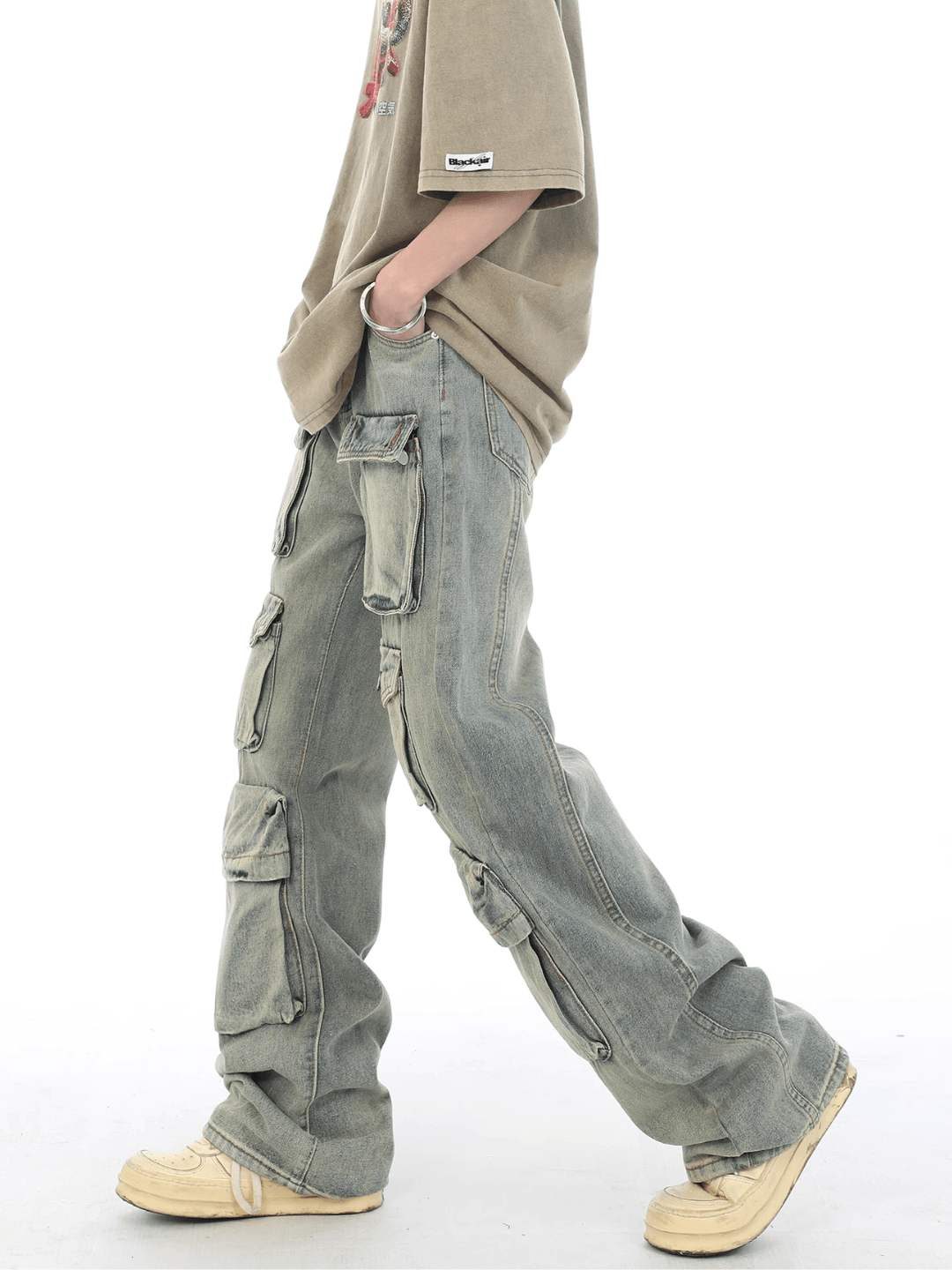 washed distressed multi-pocket jeans FE0110