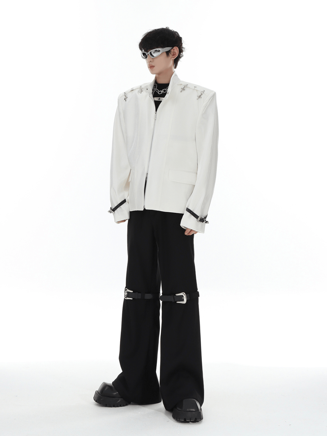 metal button multi drape straight pants FE0415