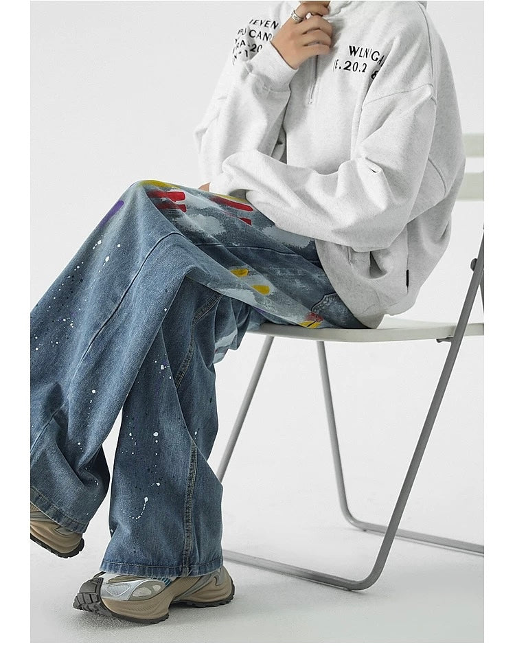 Men’s Graffiti Denim Jeans – Vintage American High Street Painted Streetwear Pants FE0053
