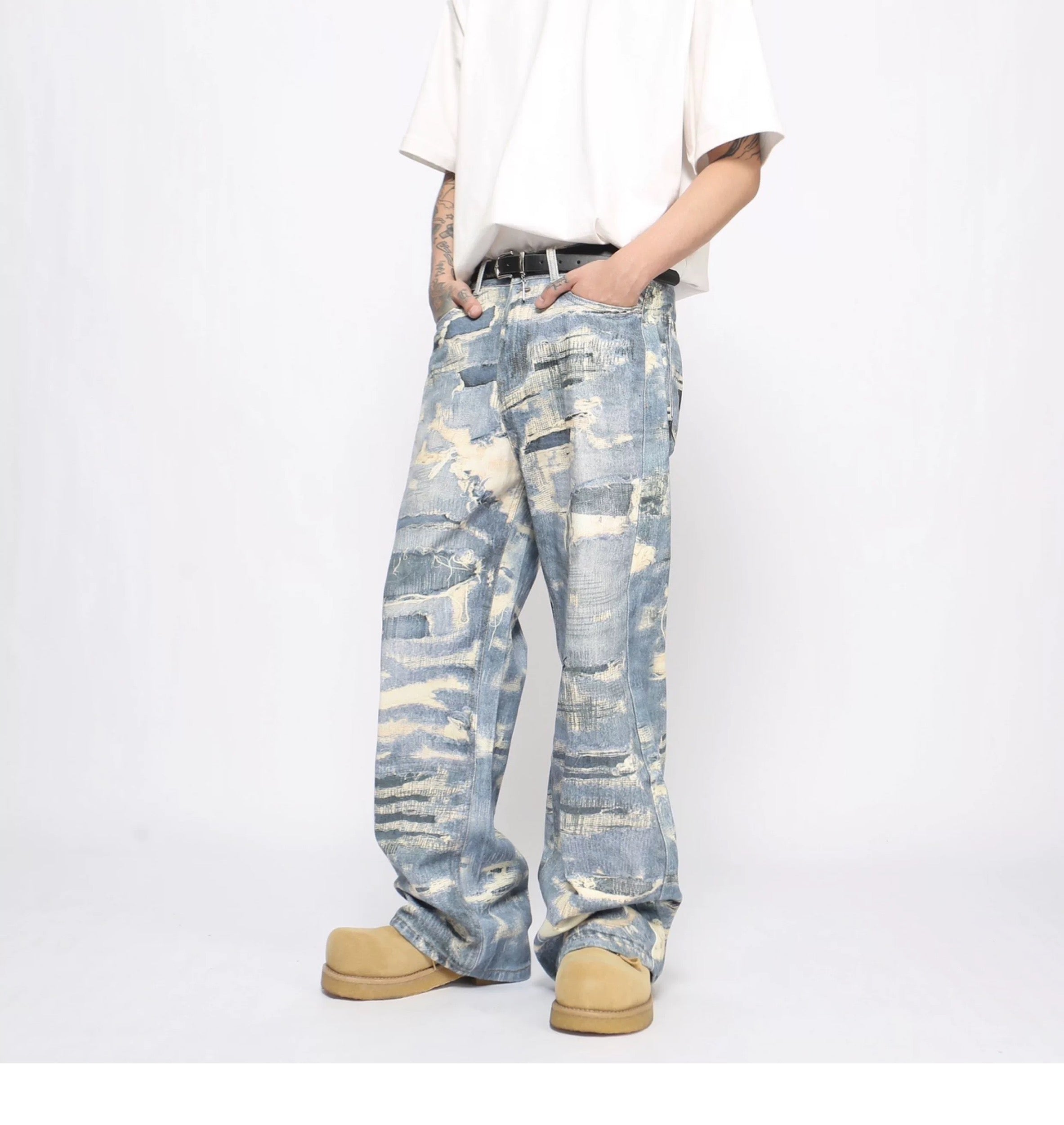 Men’s Distressed Printed Jeans – Vintage Washed Ripped Denim Pants FE0029