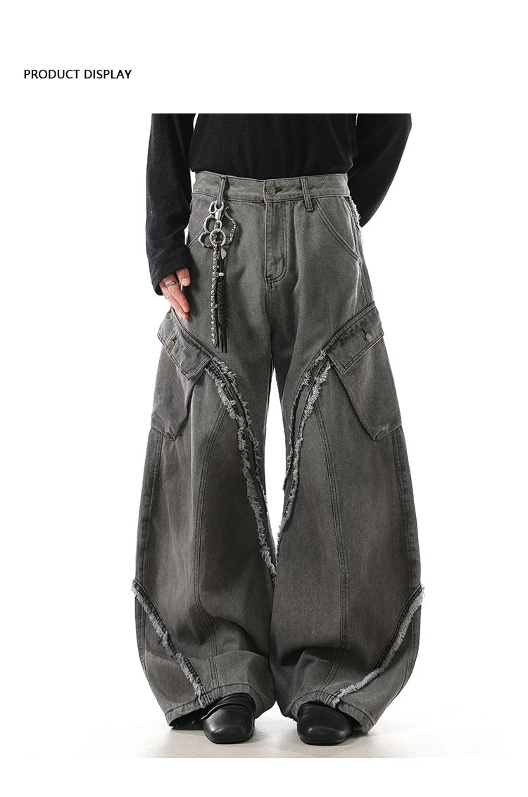 Men’s Vintage Deconstructed Denim Jeans – American Raw-Edge Curved Cut Wide-Leg Pants FE0021