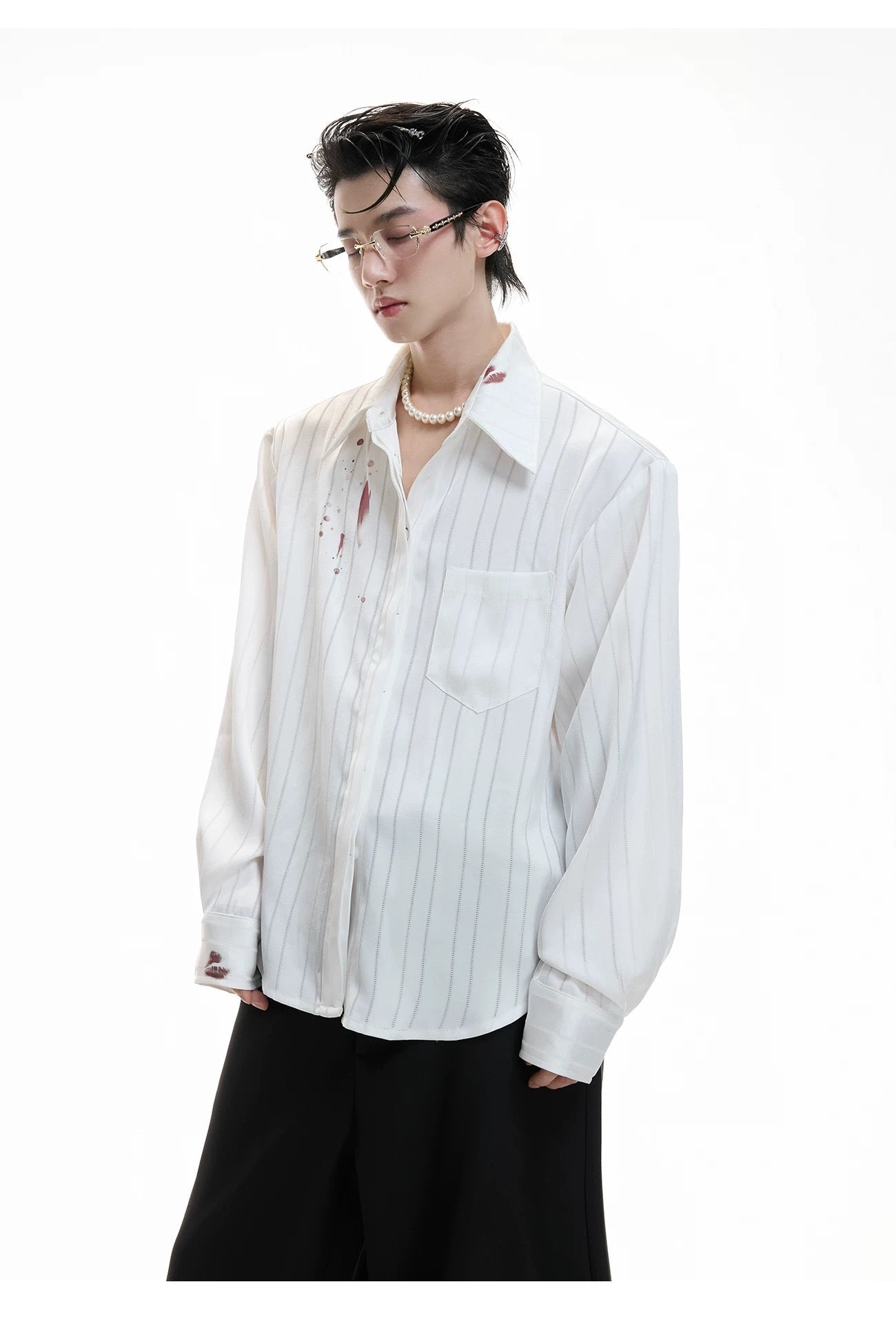 Hot Kiss Misty Realm Striped Satin Lipstick Print Shirt FE0273