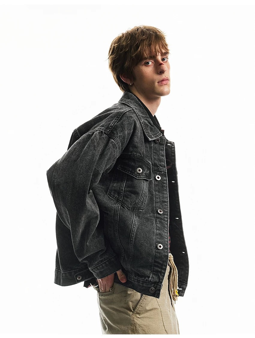 Men’s Vintage Washed Denim Jacket – American Retro Distressed Streetwear Outerwear FE0046
