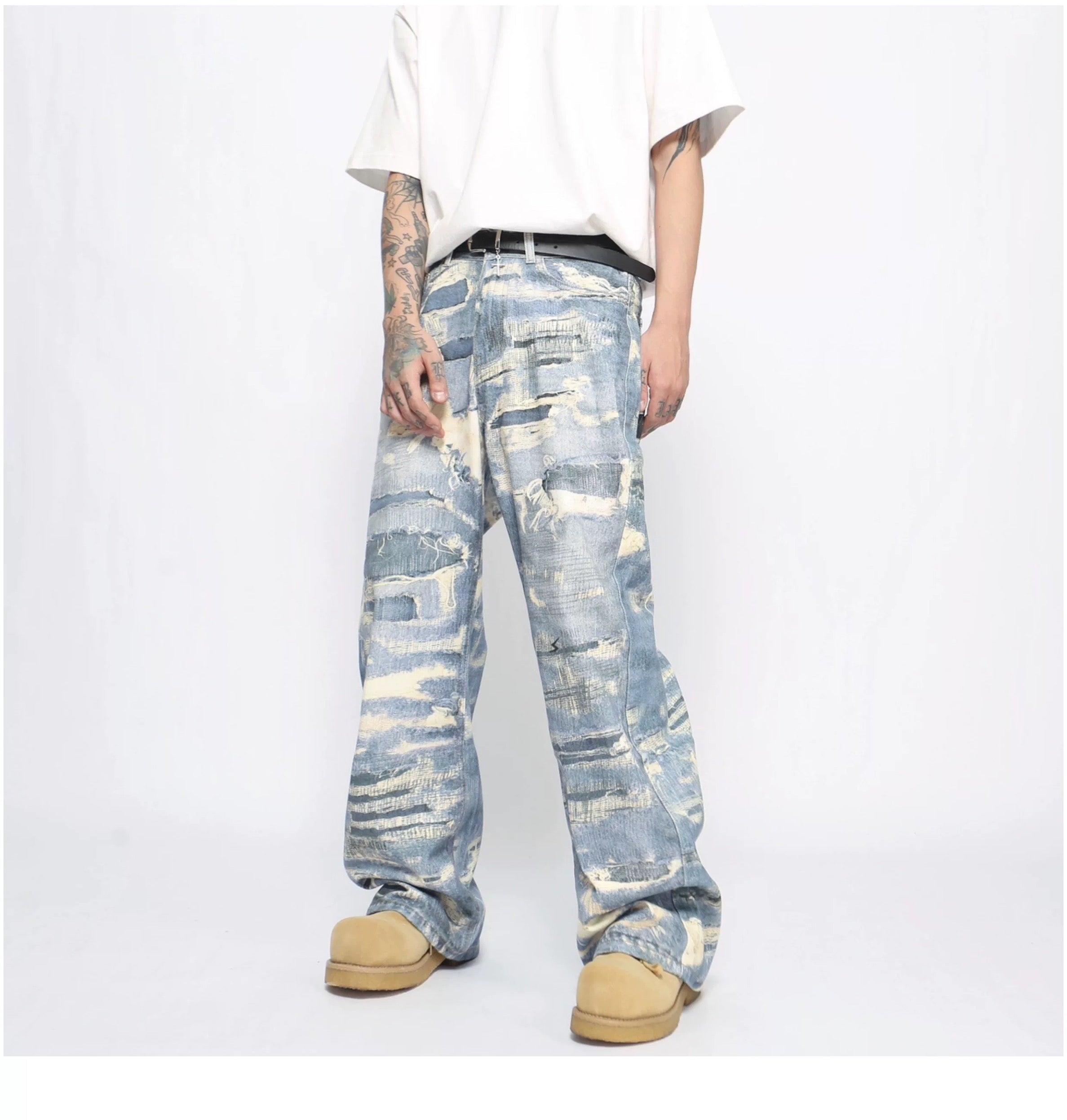 Men’s Distressed Printed Jeans – Vintage Washed Ripped Denim Pants FE0029