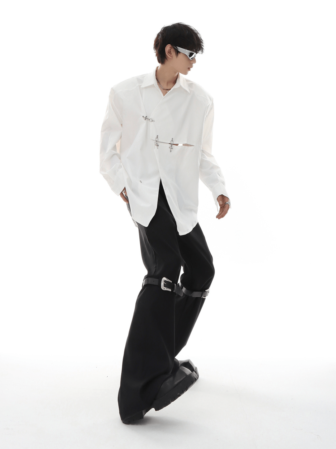 metal button multi drape straight pants FE0415
