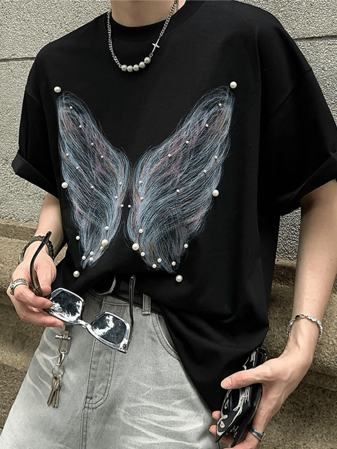 pearl butterfly print T-shirt FE0182