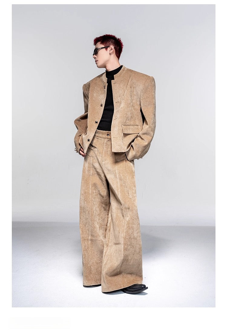 High-end suit suit men's autumn and winter casual suit jacket shoulder padded jacket velvet wide-leg pants two-piece set FE0601