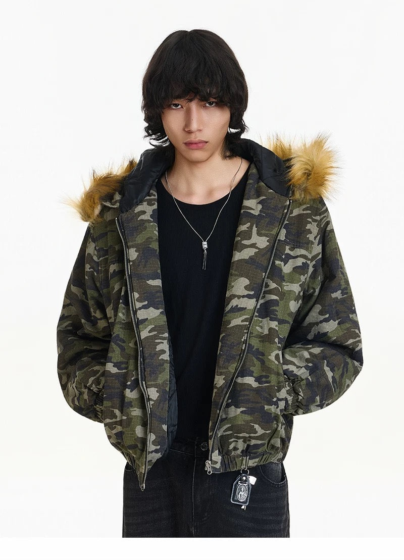 Men’s Vintage Camo Fur Hooded Puffer Jacket – American Retro Winter Street Coat FE0308
