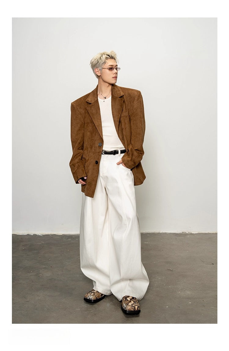 Autumn and winter relaxation suede quite wide shoulder padded suit men's Maillard loose blazer FE0603