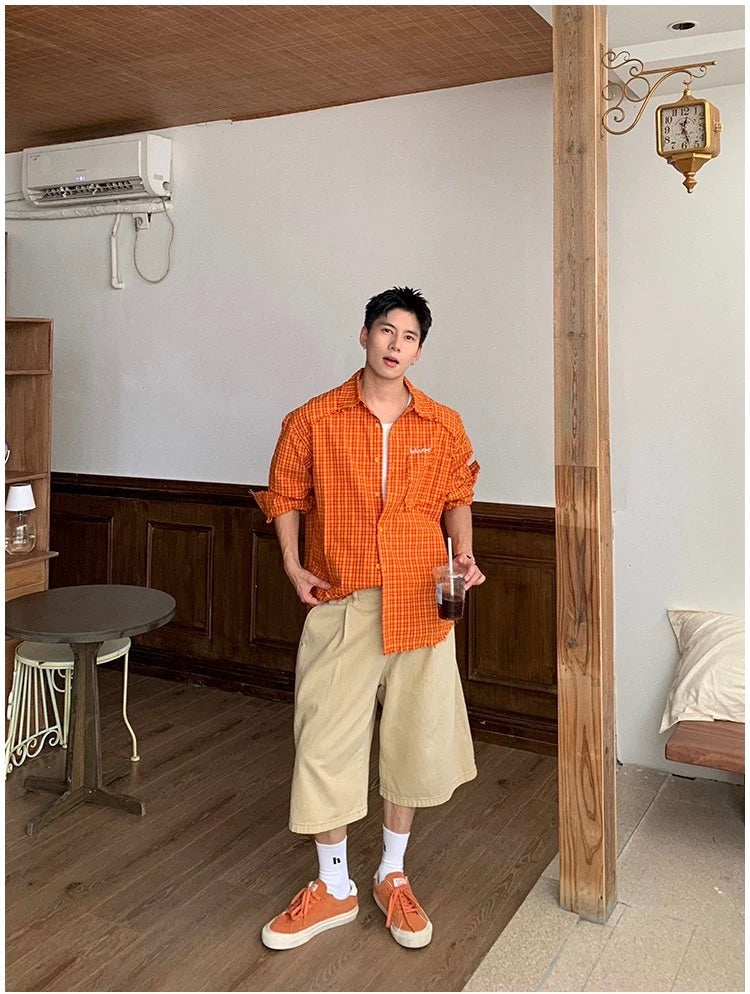 American Streetwear Orange Plaid Shirt FE0352