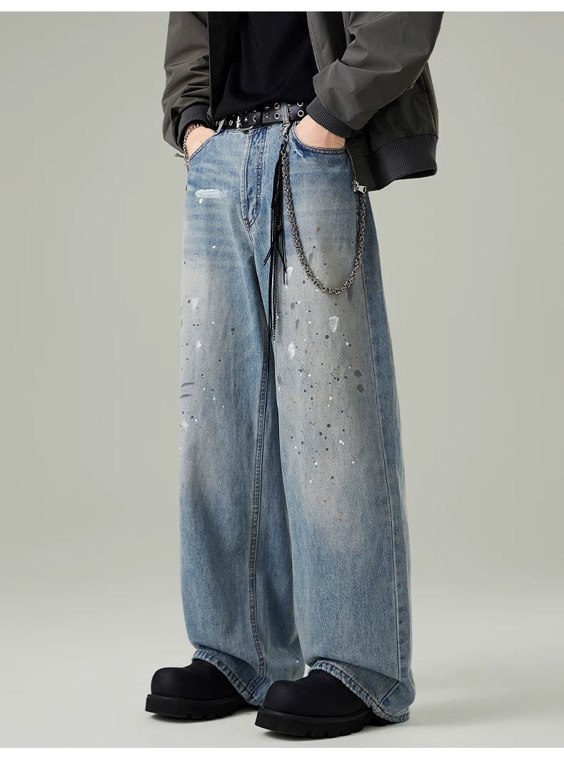 Men’s Paint-Splatter Washed Jeans – Vintage American Street Art Denim Pants FE0056
