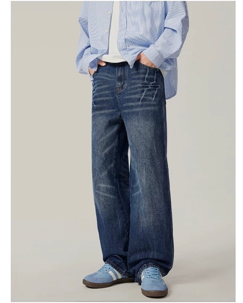 Men’s Vintage Washed Wide-Leg Jeans – American Retro Streetwear Denim FE0037