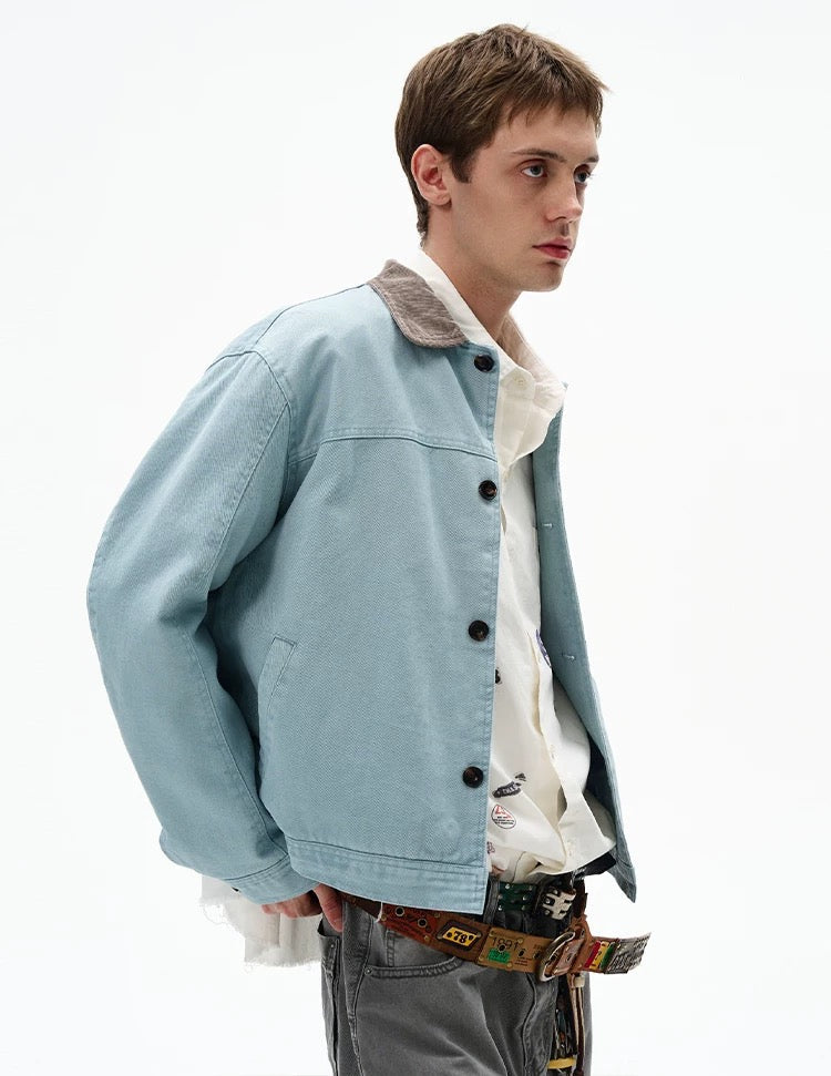Men’s Color-Block Workwear Jacket – American Retro Contrast Collar Utility Outerwear FE0005