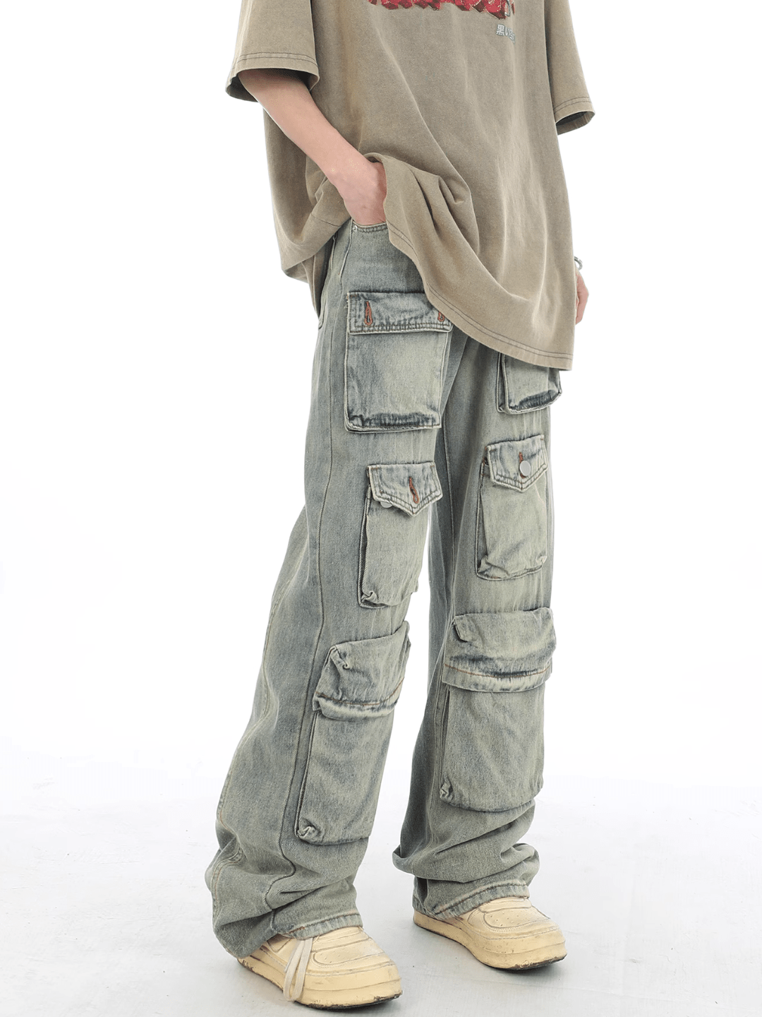 washed distressed multi-pocket jeans FE0110