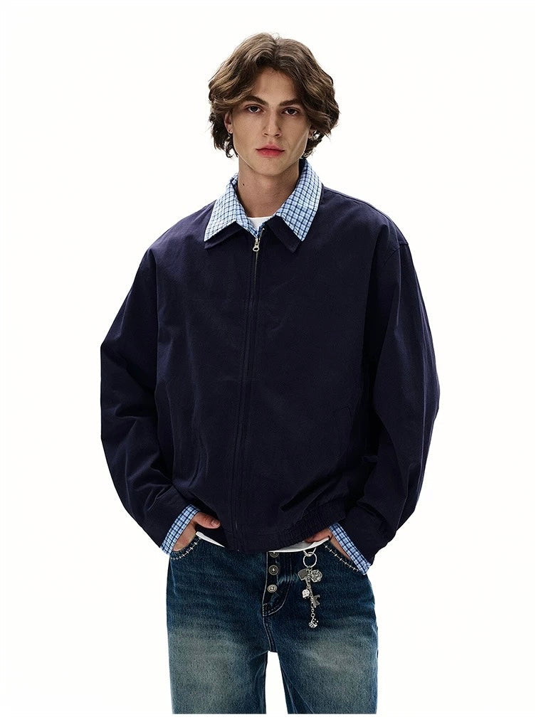 Men’s Vintage Plaid Patchwork Layered Jacket – American Retro Fake Two-Piece Streetwear Coat FE0055