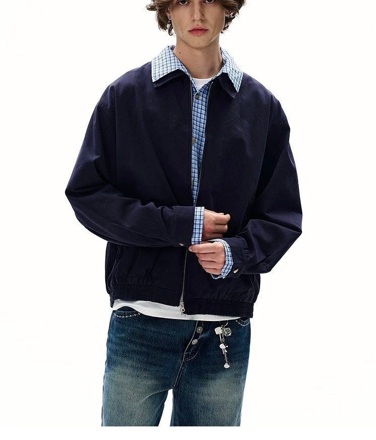 Men’s Vintage Plaid Patchwork Layered Jacket – American Retro Fake Two-Piece Streetwear Coat FE0055