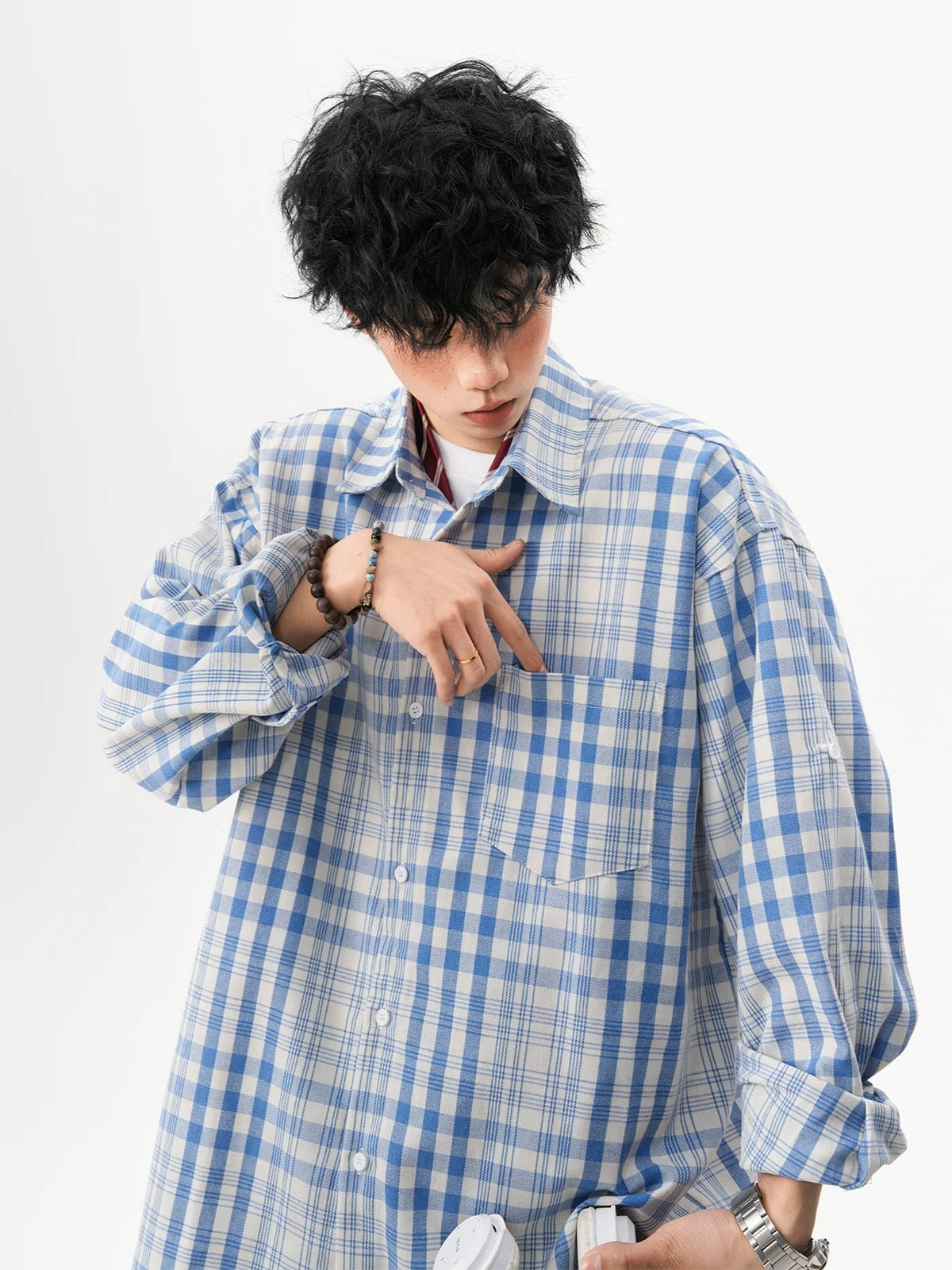 Men’s Vintage Blue Plaid Shirt – American Retro Street Casual Overshirt FE0316