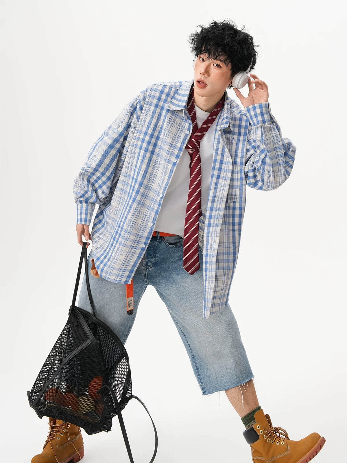 Men’s Vintage Blue Plaid Shirt – American Retro Street Casual Overshirt FE0316