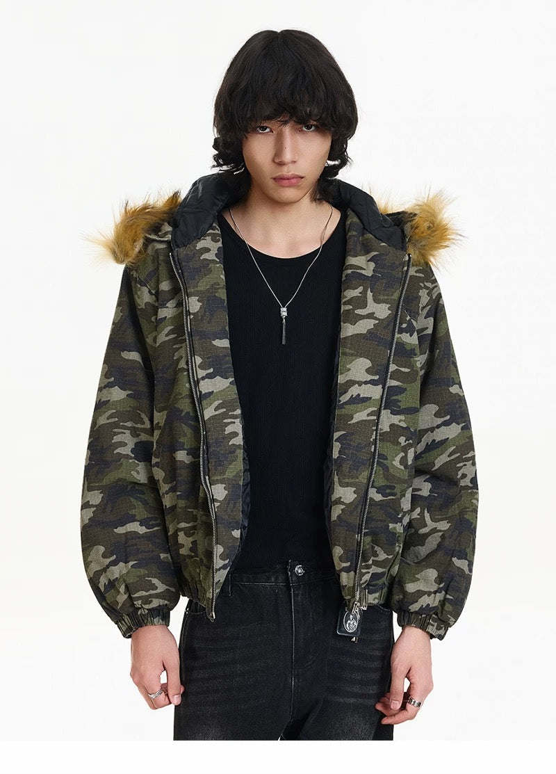Men’s Vintage Camo Fur Hooded Puffer Jacket – American Retro Winter Street Coat FE0308