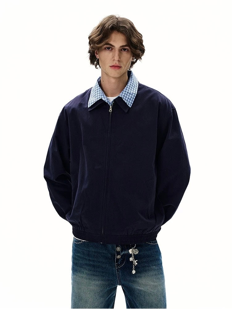 Men’s Vintage Plaid Patchwork Layered Jacket – American Retro Fake Two-Piece Streetwear Coat FE0055