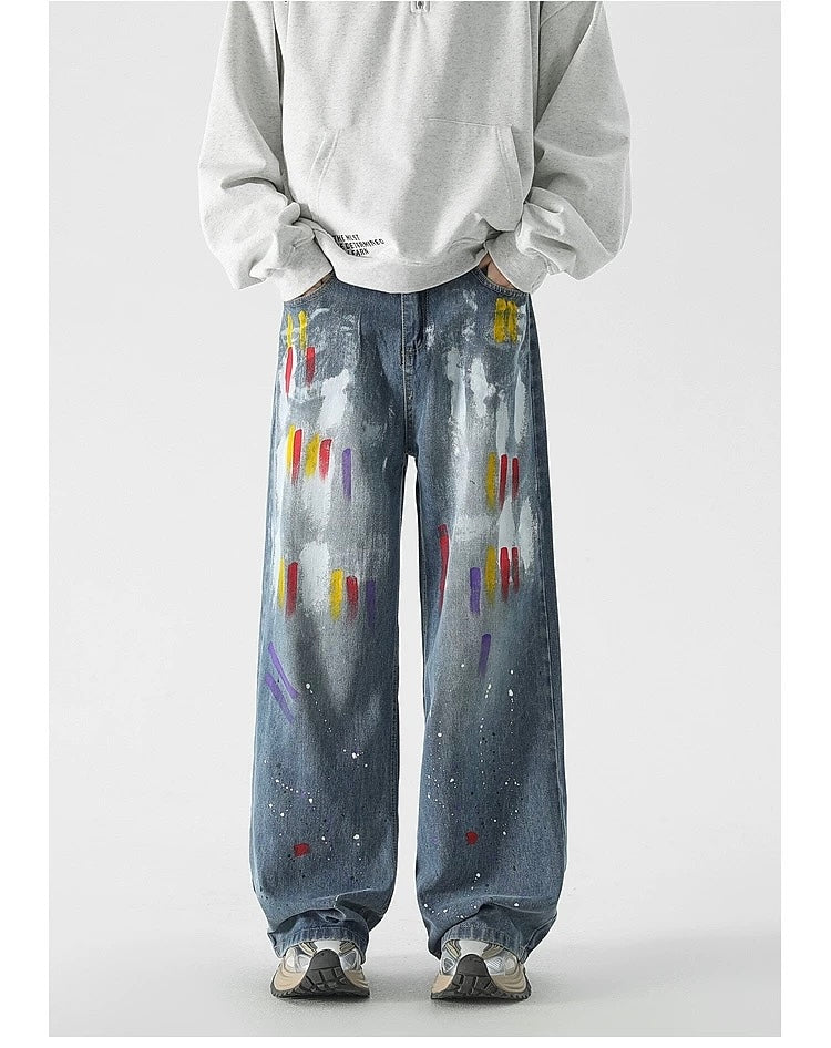 Men’s Graffiti Denim Jeans – Vintage American High Street Painted Streetwear Pants FE0053